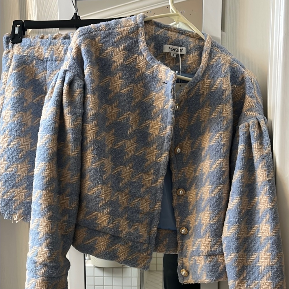 Blue and Cream Houndstooth Jacket and Skirt Set